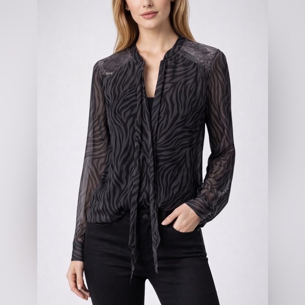 Liu Jo Elegant Sheer Zebra Print Blouse with Lace Detail Gray Black Size M EUC